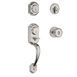 Kwikset Montara Front Door Lock Handle and Deadbolt Set, Entry Handleset Exterior with Interior Door Knob, Satin Nickel, Pick Resistant SmartKey Rekey