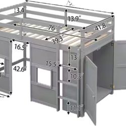 Wood Twin Size Loft Bed with Built-in Storage Wardrobe and 2 Windows, Under Bed Entertainment Space for Kids and Teens' bedrooms