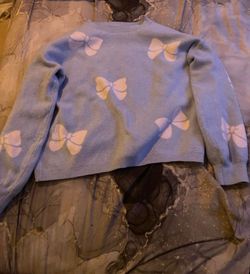 XL Light Blue Bow Sweater Coquette Cottagecore Knit Pullover Kawaii Oversized