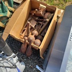 Box Of Old Tools And Juggling Pins Dumb Bells