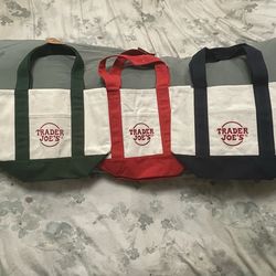 Three TJ mini totes green, red, blue