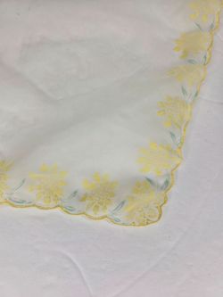 Vintage Sheer White Handkerchief Yellow Floral Embroidery Scalloped Edge Square