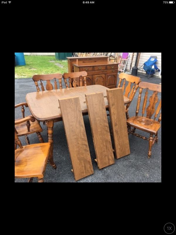 Early American Temple Stuart "Rockingham" Dining Table 3 Leaves 6 Chairs