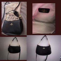  Authentic Coach Black Pebbled Leather Teri Shoulder Bag / Crossbody 