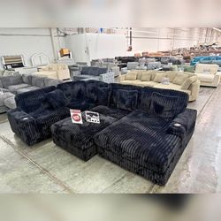 5PC Black Jumbo corduroy Modular Sectional sofa set 