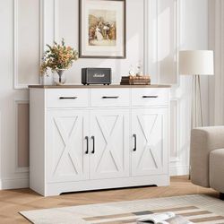 HOSTACK Kitchen Buffet Cabinet with Storage, Sideboard Coffee Bar, White Farmhouse Kitchen Storage Cabinet with 3 Drawers & Adjustable Shelf & Doors,