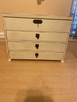 White Standing Jewelry Box with Mirror. Many Compartments