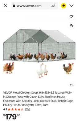 VEVOR Metal Chicken Coop, 9.8x13.1x6.5 ft Large Walk-in Chicken Runs with Cover, Spire Roof Hen House Enclosure with Security Lock, Outdoor Duck Rabbi