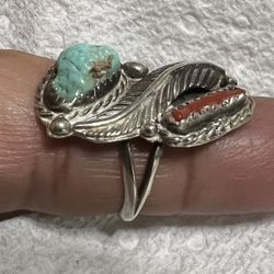 Navajo Turquoise Coral Sterling Silver Size 7 Vintage Ring