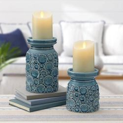 Fitz & Floyd "Coastal Home" Pillar Candleholders, Set of 2, Hand Painted, Shells