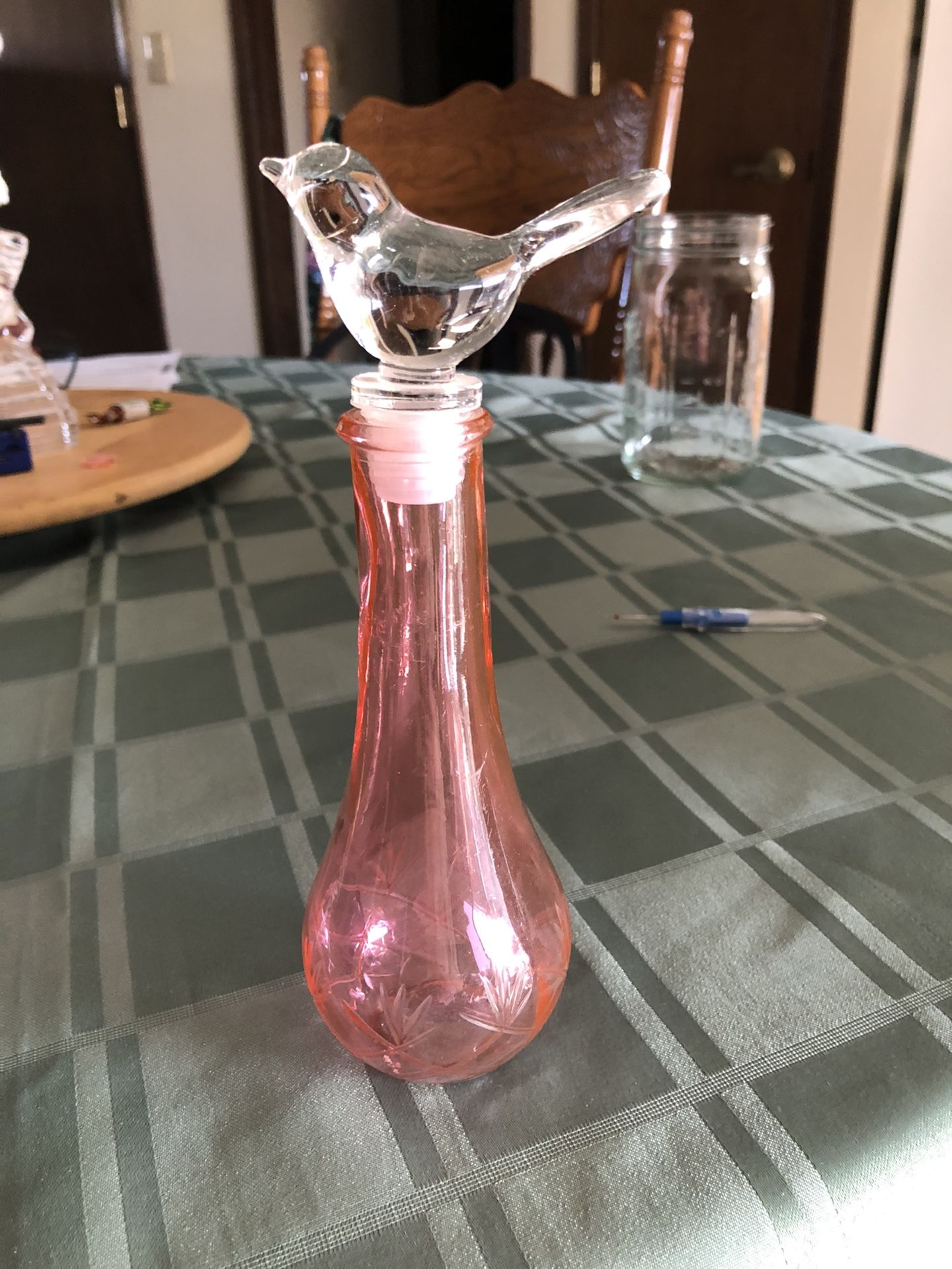 Pink Glass Bottle With Bird