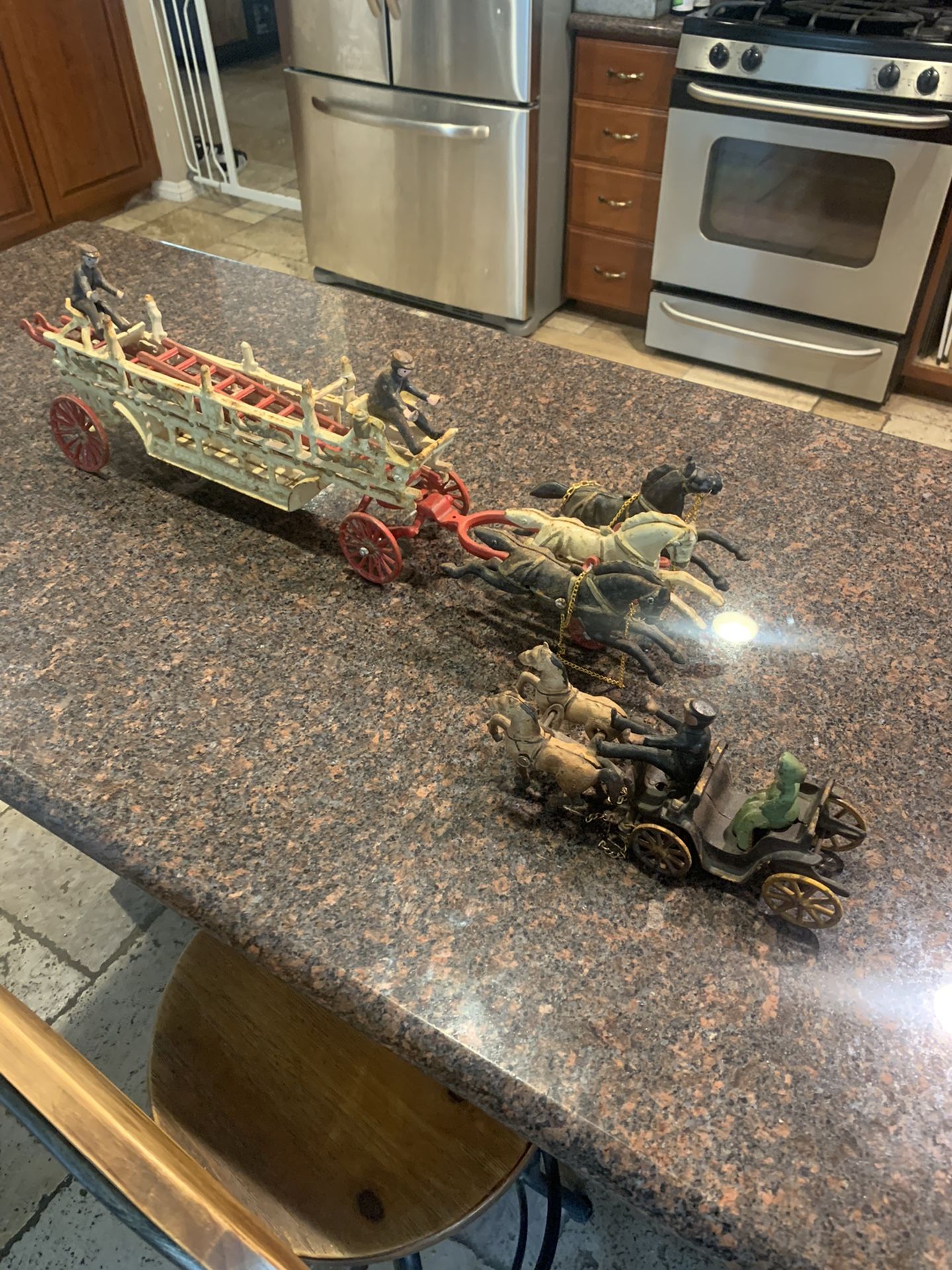 Vintage Reproduction Cast Iron Horse And Carriage/ And Horse Driven Fire Carriage Selling As Bundle