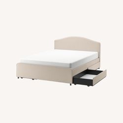 IKEA HAUGA Upholstered QUEEN bed, 4 storage boxes  Includes memory foam mattress like new,