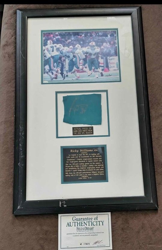 Ricky Williams Field Of Dreams Large Signed Frame With Game Used Pants