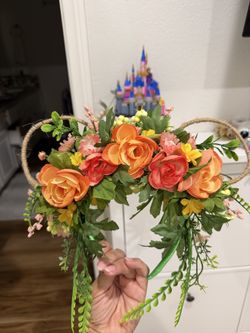 Handmade Floral Mouse Ears Headband Flexible Wire Orange Coral Roses Disney Day
