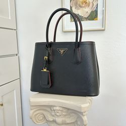 PRADA - Prada Double Saffiano Leather Tote Bag - Black With Red Interior