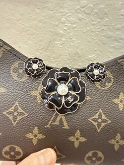 CC black enamel Camellia Earrings and pin set