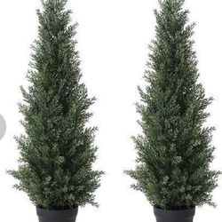 Set of 2-Laiwot 3FT Artificial Cedar Topiary Trees  Outdoors Potted Fake Cypress Trees Faux Evergreen Plants for Home Porch Decor  Retail $90