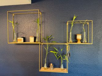 Ashley Furniture Gold & Wood Cube Wall Shelves — Set of 3