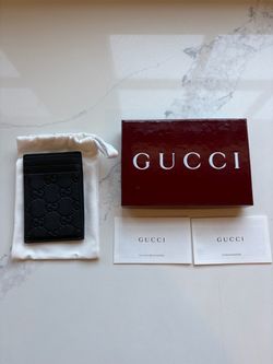 New Gucci black leather logo card holder with money clip for men/women