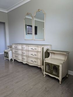Vintage Solid Wood French Provincial Dresser + Bedside Tables (Olive and Antique White)