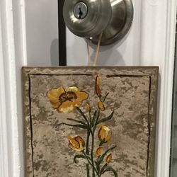 Hand Painted Shabby Tan & Yellow Floral Hanging Textured Ceramic Tile