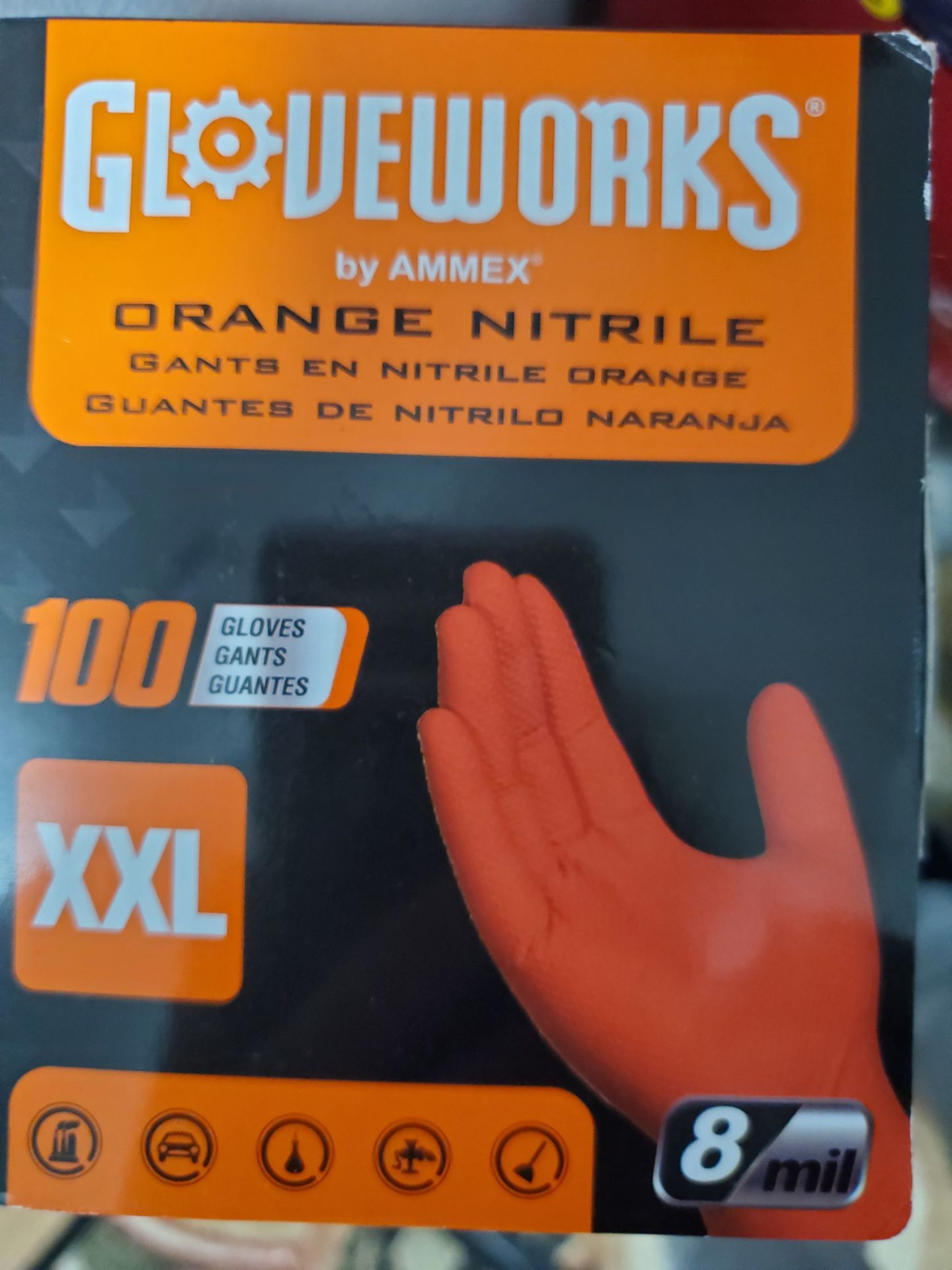 GloveWorks by Ammex Orange Nitrile Extra Thick 8mil.- Latex Free Gloves Size:XXL