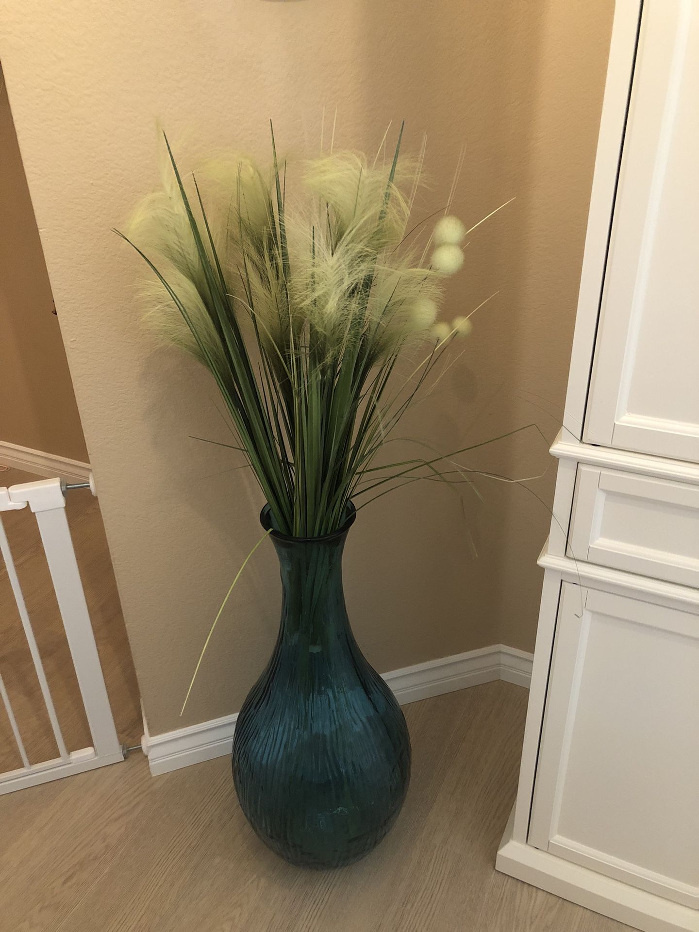 Pier One Teal Glass Vase With Faux Stems