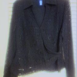 Evan-Picone Elegant Black Lace Blouse V-Neck Scallop Hem Sz 12