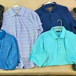 Six Piece Polo Golf Shirt Collection: Greg Norman, Van Heusen, Walter Hagen, Faldo: Light blue Walter Hagen brand polo shirt is sized XL & Blue PGA To