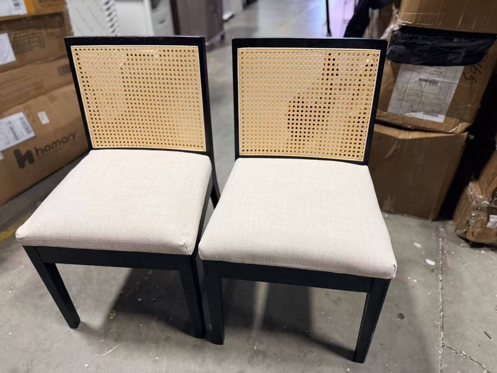 Upholstered Dining Chairs with Square Rattan Back, black wood set of 2 $140