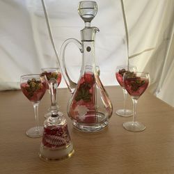 Vintage Ruby Flash Green Painted Leaf Gray Etched Pattern Decanter & Five Glasses And Bell