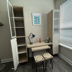 Tall Cabinets With 2 Layer Desk And Stools