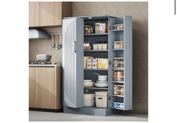 47" Tall Kitchen Pantry Cabinet, Grey Pantry Storage Cabinet with Adjustable Shelves, Barn Doors and Drawer Farmhouse Cupboard for Kitchen, Dining Roo
