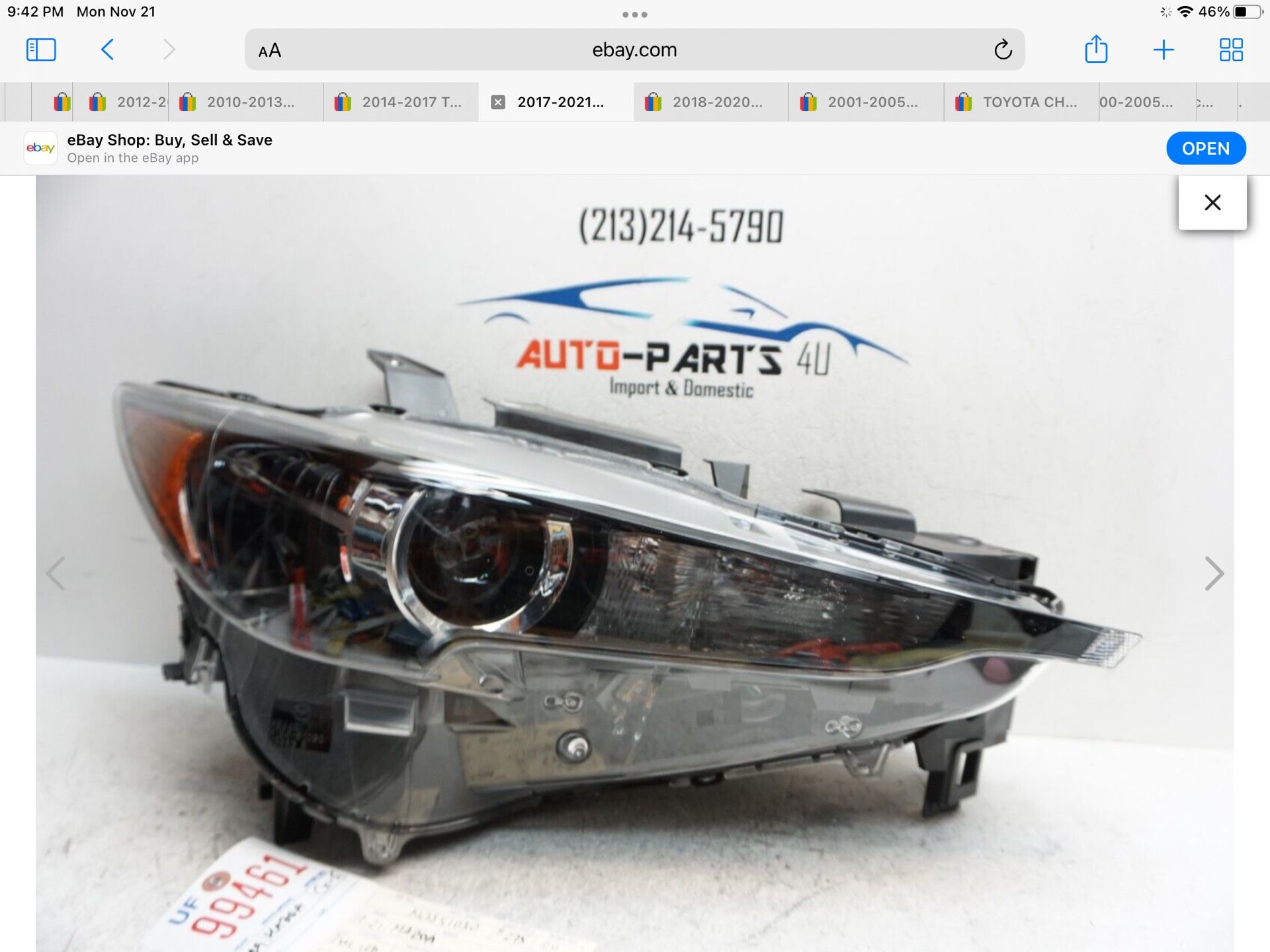 2017-2021 MAZDA CX5 CX-5 RIGHT PASSENGER FULL LED HEADLIGHT 2020 OEM UF99461