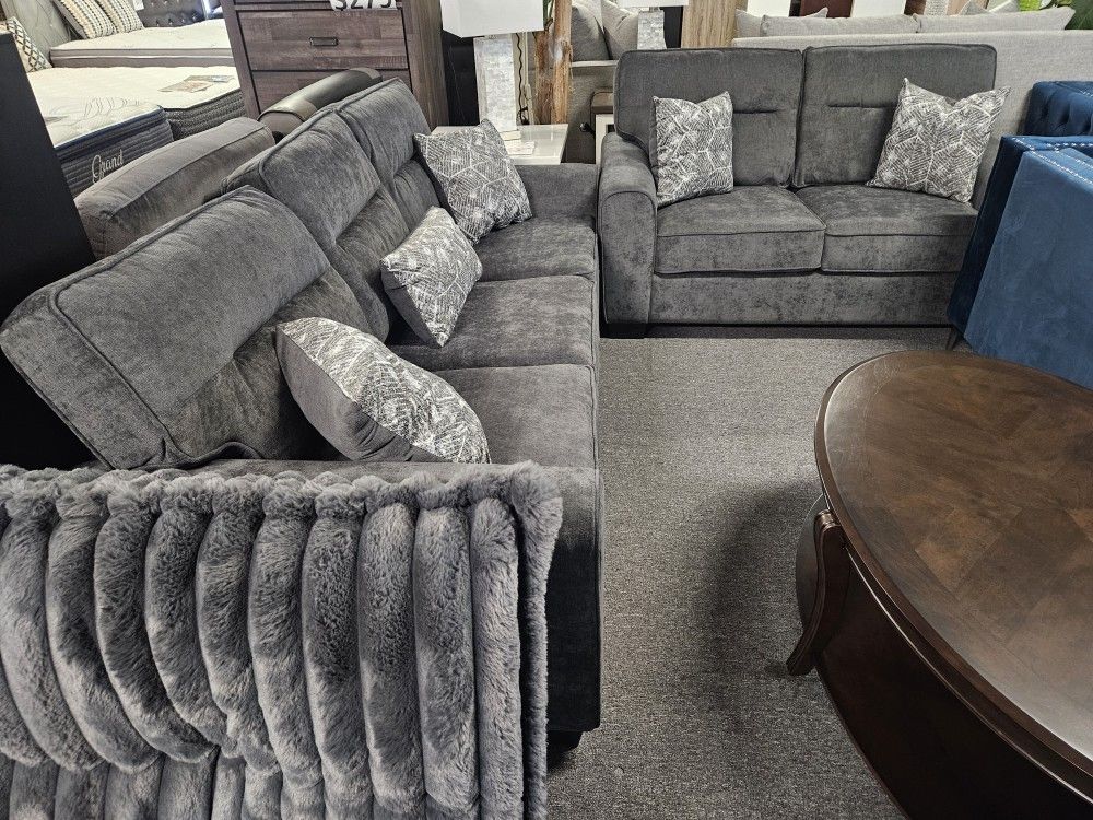 Brand New Charcoal Chenille Sofa + Loveseat 2PCs Set