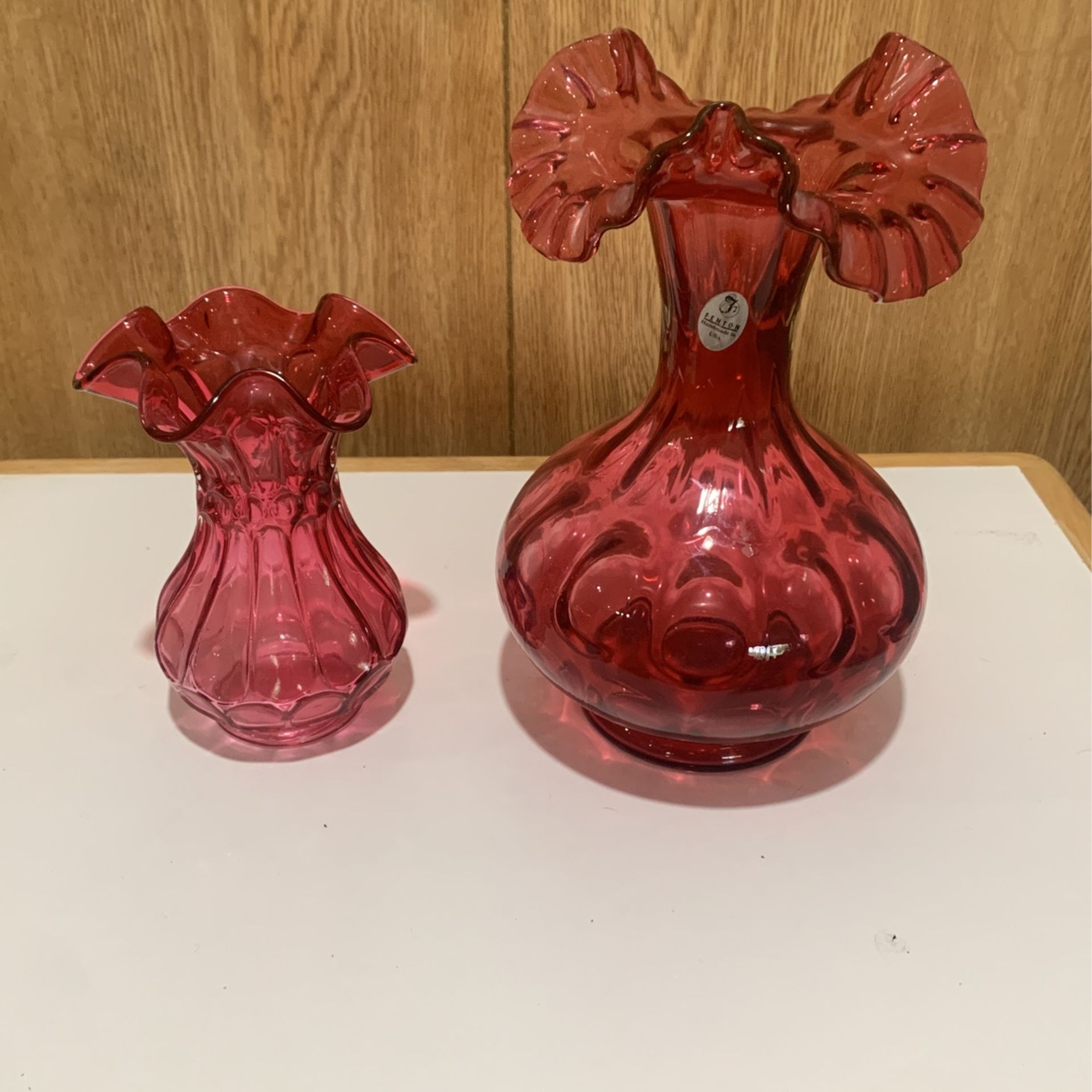 Vintage Fenton Cranberry Coin Dot Large & Small Ruffled Vases