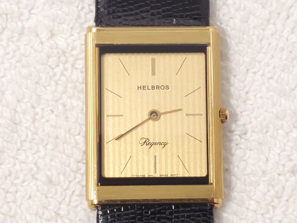 Vintage Helbros Regency Swiss Men's Gold Plated Tank Watch 6 Jewels Leather Band