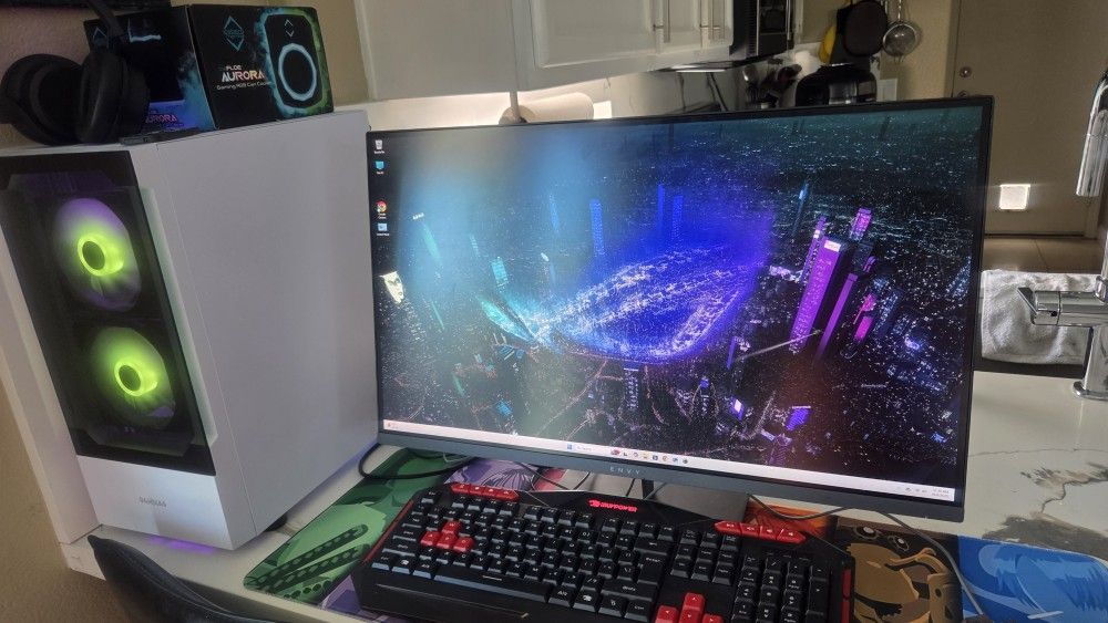 Desktop is 11th gen i5, 64gb ram, 2tb SSD, 6gb Nvidia 1660ti video card, WiFi, 27 inch LG 4K monitor. Includes light up soda cooler.