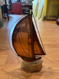 Metal and Stained Glass Sailboat Sculpture on Stone Base
