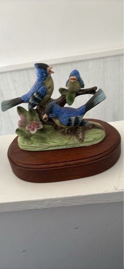 Ceramic Blue Jay Bird Figurine on Wood Base