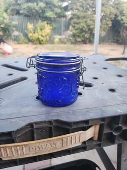 Vintage Cobalt Blue Glass Fruit Embossed Canister With Metal Hinged LidVintage Cobalt Blue Glass Fruit Embossed Canister With Metal Hinged Lid