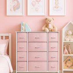 Drawers Dresser 12 Chest Organizer Unit with Steel Frame Wood Top & Handle, Fabric Bins for 
