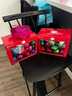 Colorful Christmas bulbs and ribbon