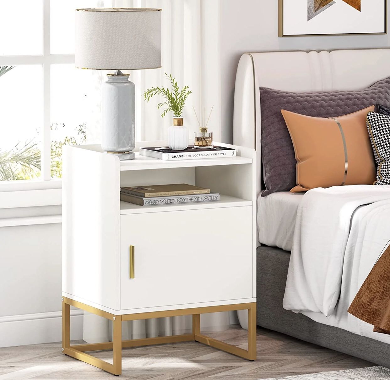 Nightstand, Modern Bedside Table with Cabinet and Storage Shelf New In Box