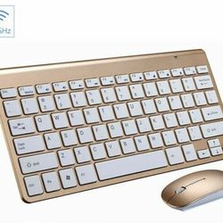 NEW/MINT CONDITION WIRELESS MINI GOLD KEYBOARD AND MOUSE COMBO