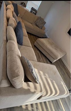 Tan Sectional Sofa with Matching Ottoman