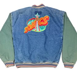 RARE VINTAGE NFL Buffalo Bills Jean Bomber Jacket With Tan Sleeves XL