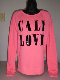 VICTORIA’S SECRET PINK PULLOVER SWEATSHIRT BRIGHT NEON PINK “CALI LOVE” BLACK SEQUINS BLING SIZE SMALL