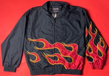 Vintage Flame Jacket Black Red Racing Style Embroidered Y2K Streetwear Hilton Large